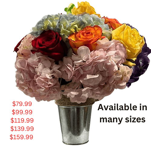 Rose and Hydrangea Special in tin with rope